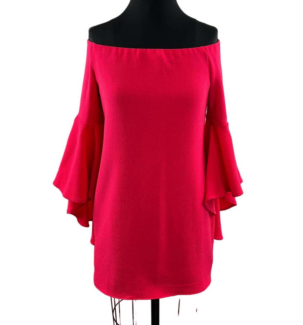 FREE PEOPLE Pink Rose S Backstage Mini Dress Off The Shoulder Bell Sleeve NEW